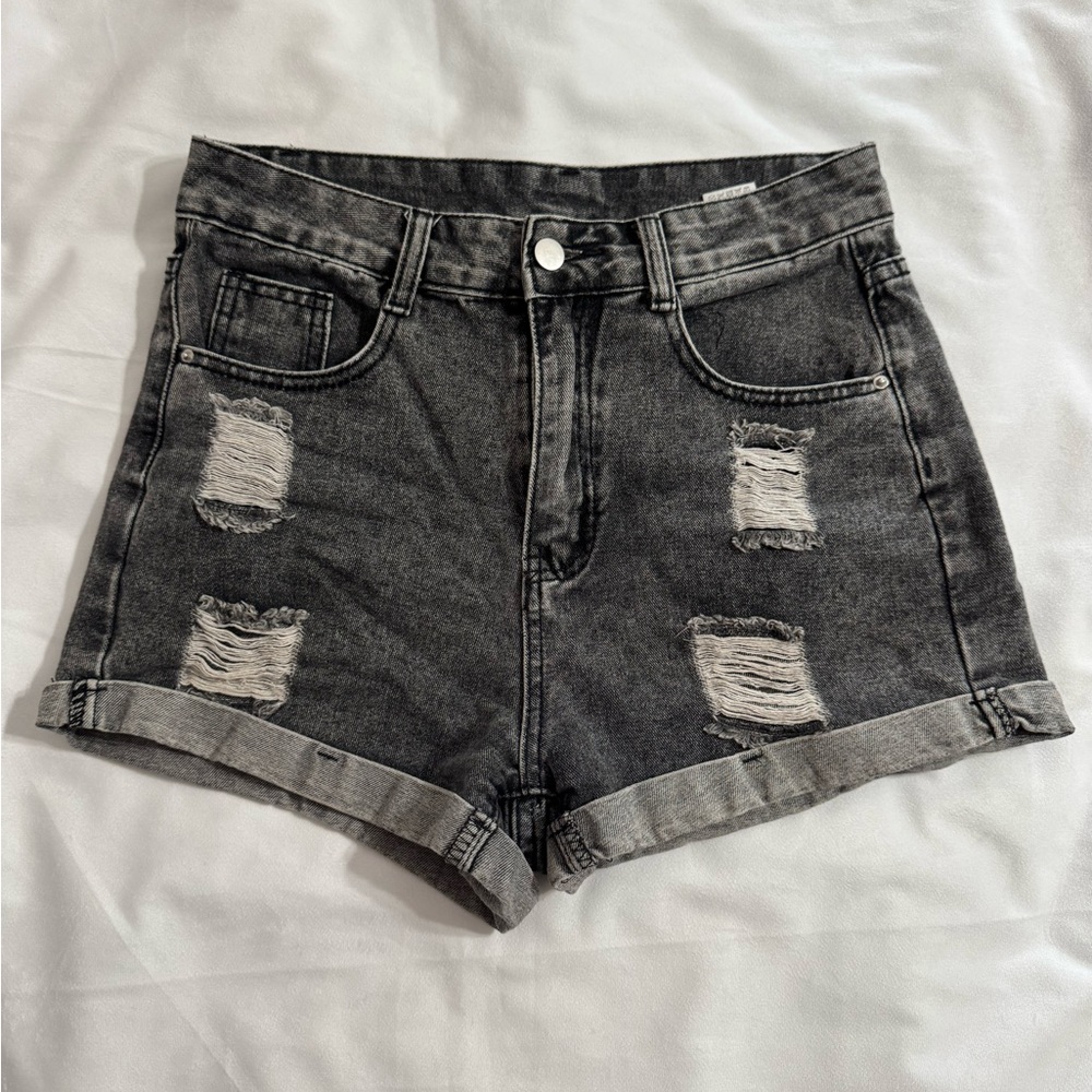 SHEIN Black and Gray Jean Shorts with Distressed Detailing